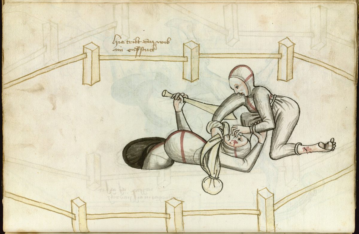 Another image drawn by Talhoffer shows a woman choking her male adversary.