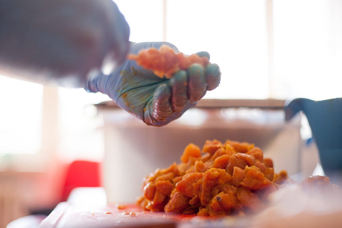 He and his team marinate and skewer 25 kilos of chicken by hand every week.