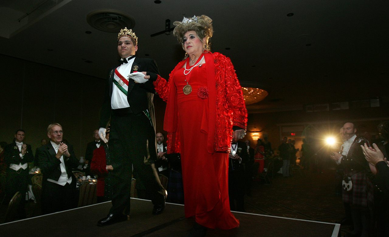José Sarria is escorted onstage at the 40th Anniversary Gala of the International Court System that he founded, 2005.