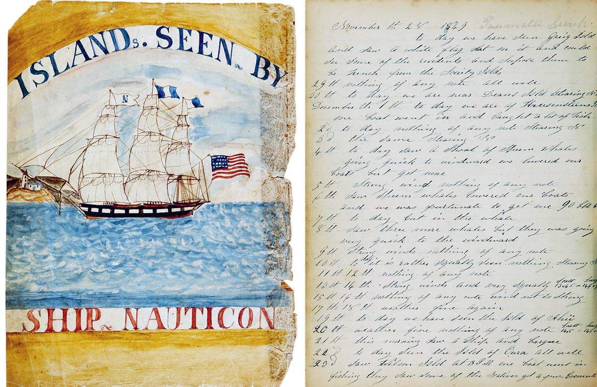 The title page of Susan Veeder’s journal and a page from
November 1849, when the ship was in what is now French Polynesia.