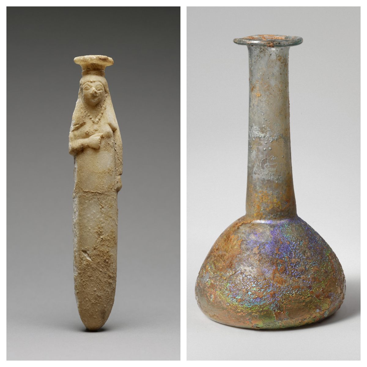 A variety of ancient, ornate perfume vessels have been found in Cyprus. The bottle of a female figure dates back to around 550 B.C. [left], while the glass one is more recent, dating back to the second or third century [right].