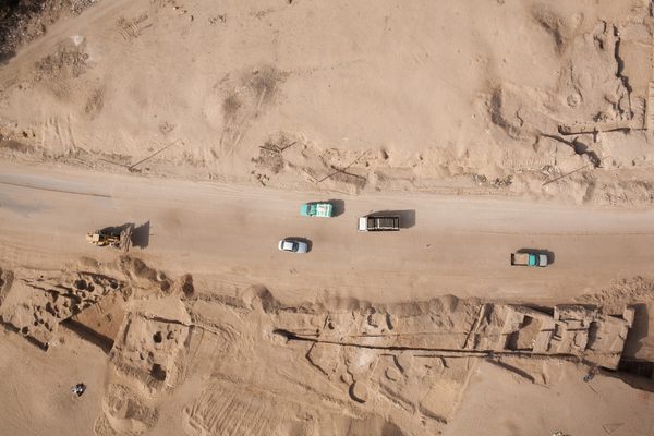 An overhead view of modern excavations at Tell el-Retaba, an ancient fortress that was part of Egypt's Ways of Horus military route. Teams digging here have unearthed human remains interred in ceramic jars, or pots.