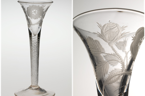 The emblems on this 18th-century wineglass declare the drinkers' devotion to a deposed king.
