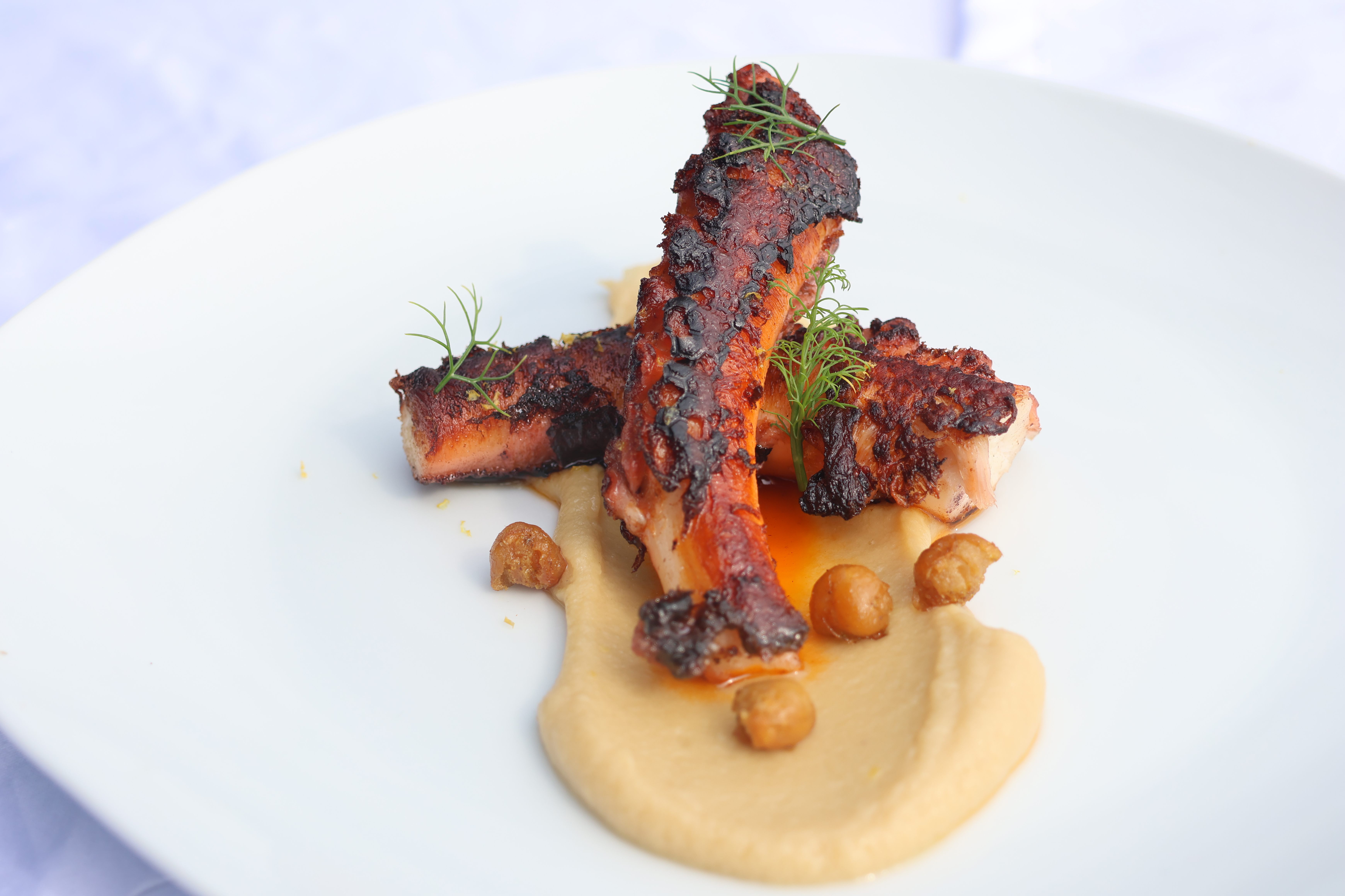 Grilled octopus is served with harrisa (a North African hot chili pepper paste), chickpeas, and an artichoke purée. 