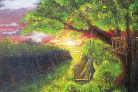A vision of the Swing at the End of the World in Ecuador in oils, by Alexandrea Farquhar.