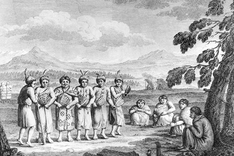 A depiction of a group of Tlingit people performing a war dance before the 1802 attack on the Russian trading post. 