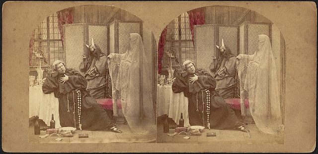 Angel and devil try to influence a friar, late 1800s