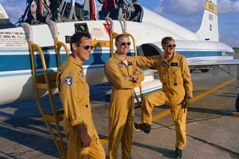 From left to right: Edward Gibson, Gerald Carr, and William Pogue prepare to fly to Cape Canaveral to take off for Skylab.