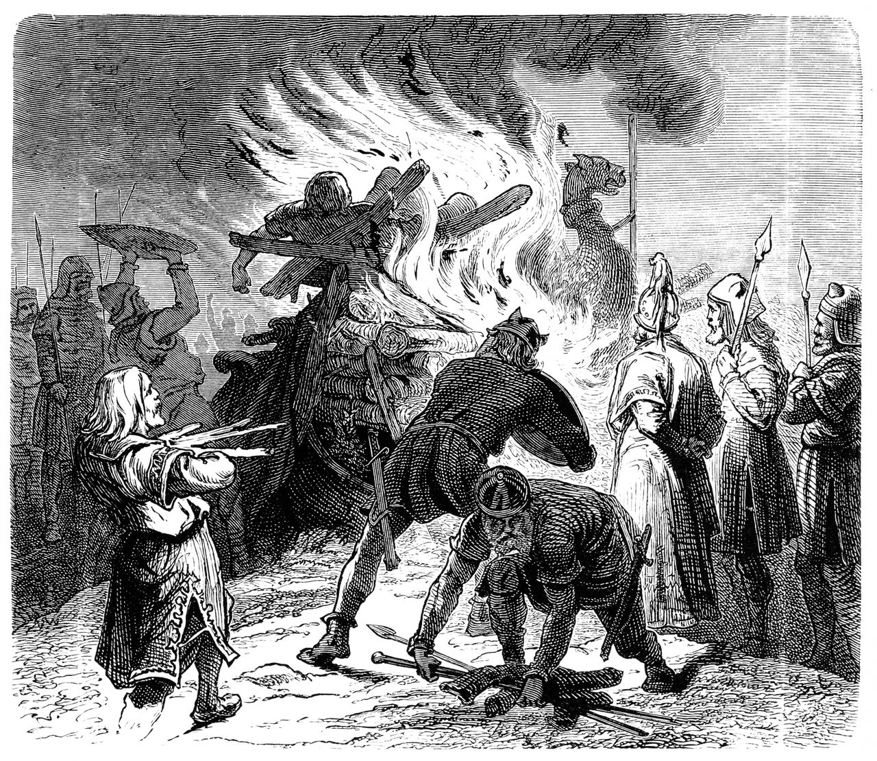 An illustration of the ritual cremation of a 9th-century Viking leader.