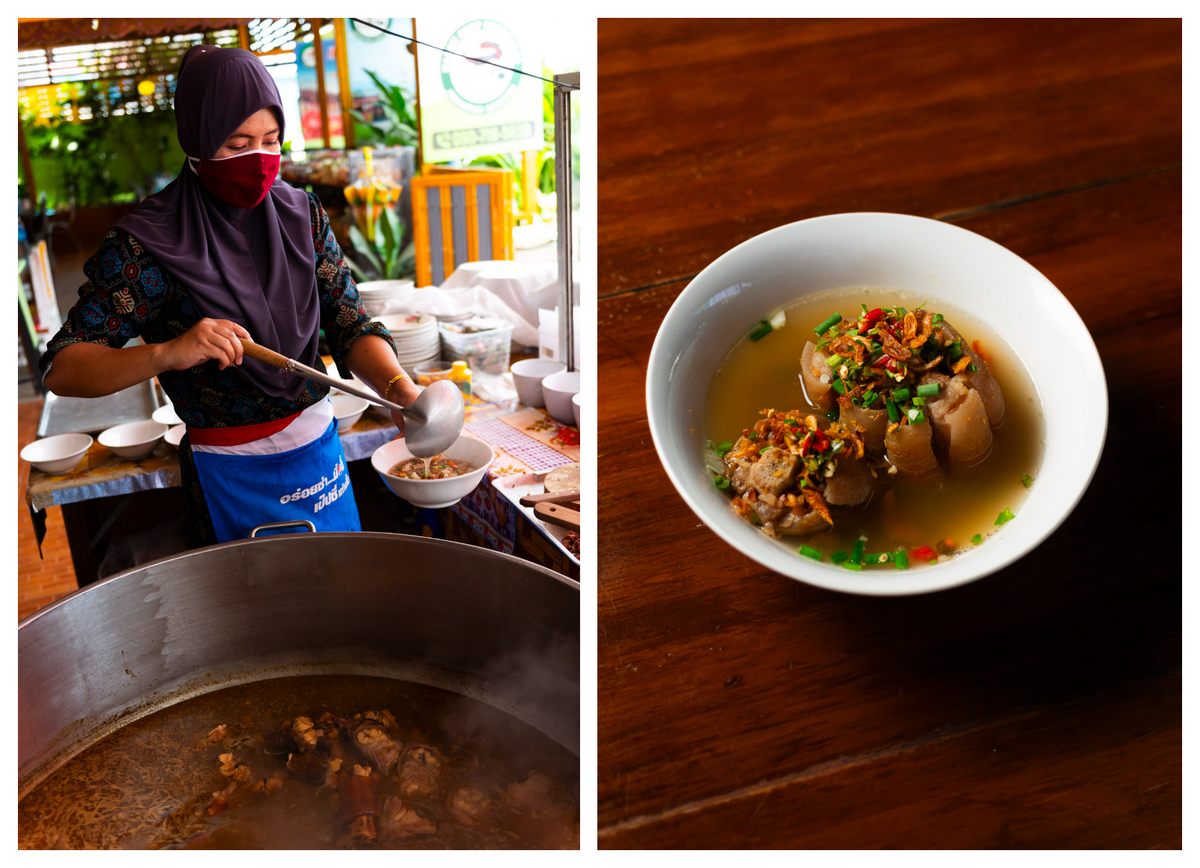 <em>Sup nuea</em>, a soul-soothing beef soup is a Thai-Muslim specialty [left]; soup is served at Maksu Soup Chormalee [right].