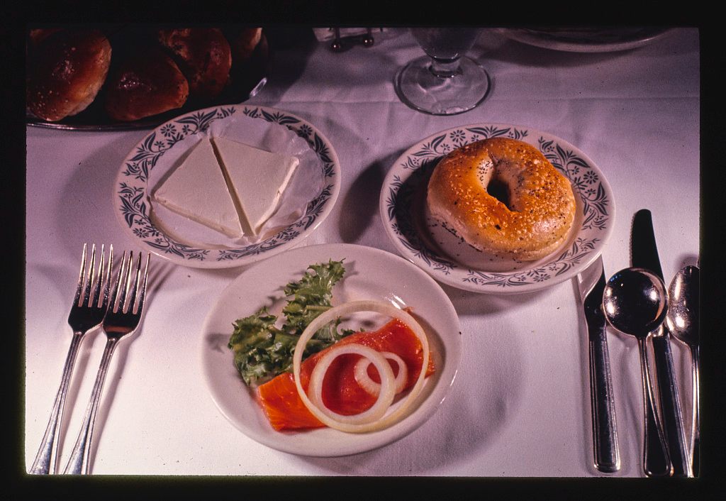 A bagel served with lox and cream cheese at Kutsher's restaurant in New York, 1977.