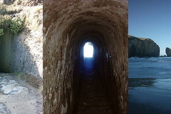 Collage of the tunnel at Tunnel Beach, Dunedin, New Zealand, showing the beginning, a look backwards up the tunnel, and a view of the beach at the end of the tunnel. (Wikimedia Commons)
