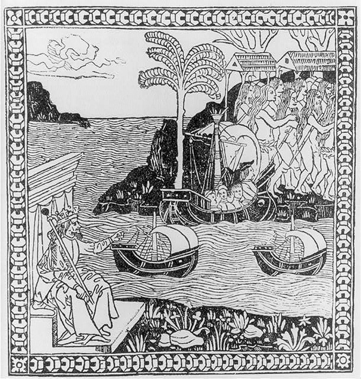 In a woodcut that illustrated an idealized account of Columbus in the Caribbean, Ferdinand II, the king of Spain, points to Columbus and his ships; a queen conch shell lies at the king's feet.
