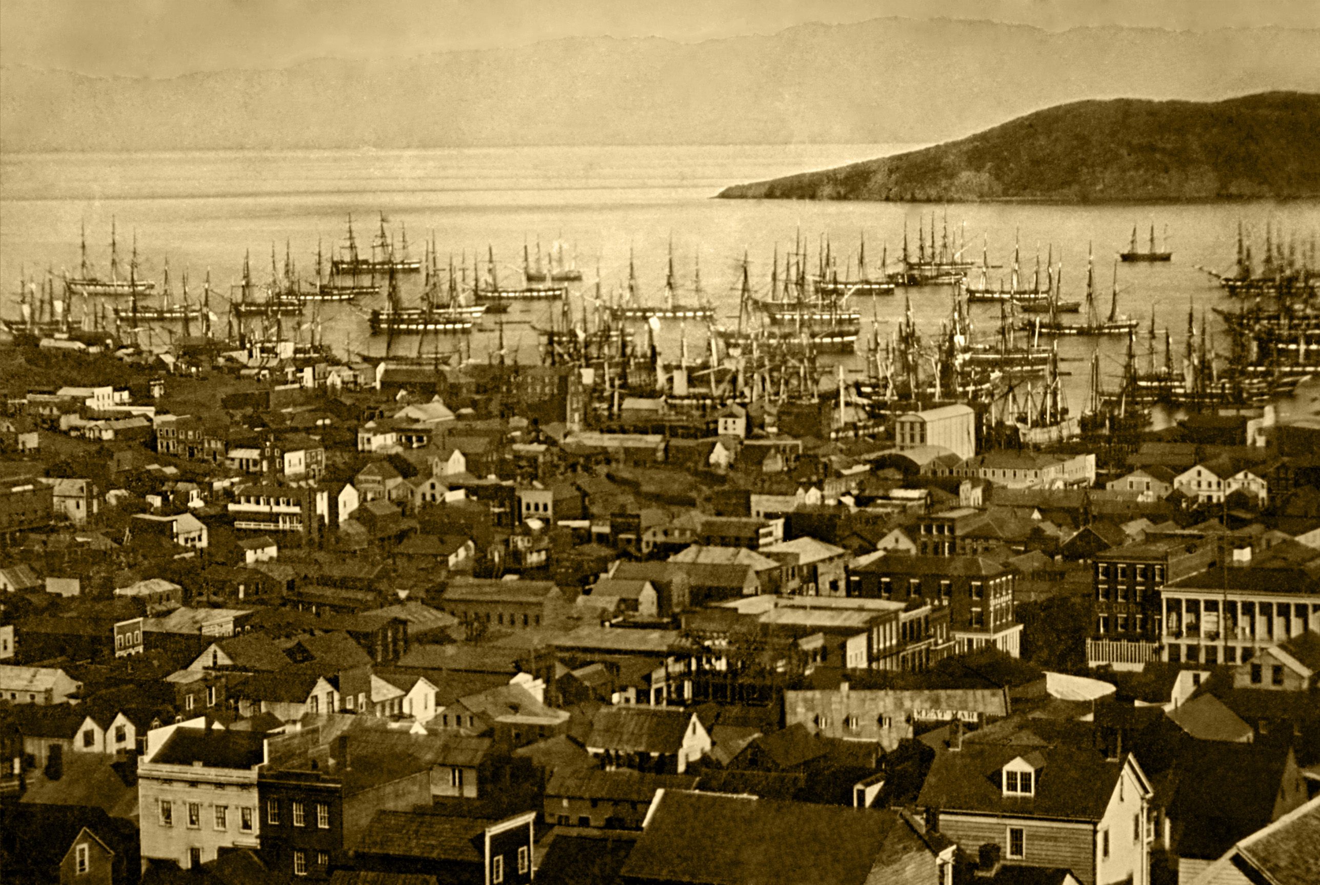 The San Francisco harbor at Yerba Buena Cove, pictured around 1850.