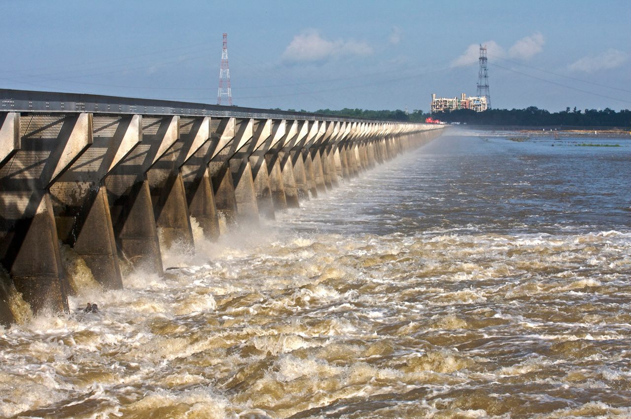 Floodwaters from the Mississippi River churn through the Bonnet Carre Spillway. 