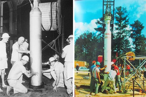 From left: Workers lower the 5.3-kiloton bomb used in the Salmon test into the ground; The second bomb was set off in the cavity gouged out by the first test two years earlier. 