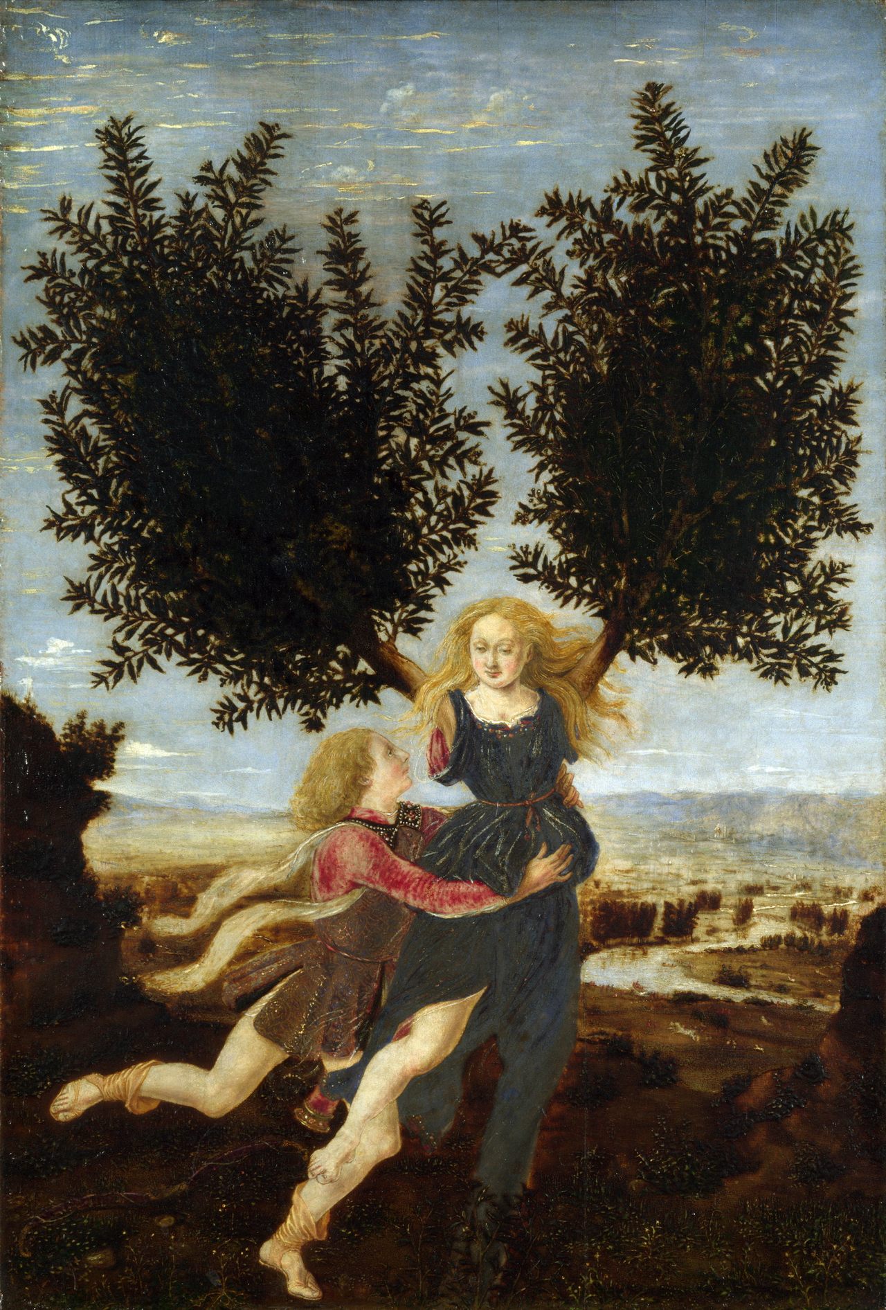 A depiction of Apollo and the nymph Daphne turning into a laurel.