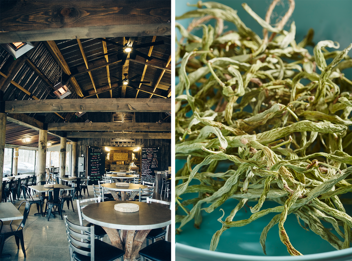 The interior of Taste (left); dried green beans, called shuck beans, shucky beans, or leather britches (right).