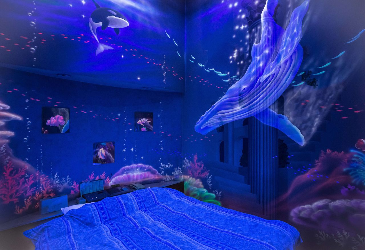 This room in a love hotel incorporates an underwater scene. Others have themes including the White House, doctor's offices, and railway cars.