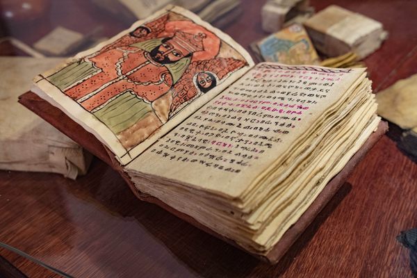 The collection comprises volumes from all over the world, including this handwritten holy book, composed on parchment in an Ethiopian monastery.
