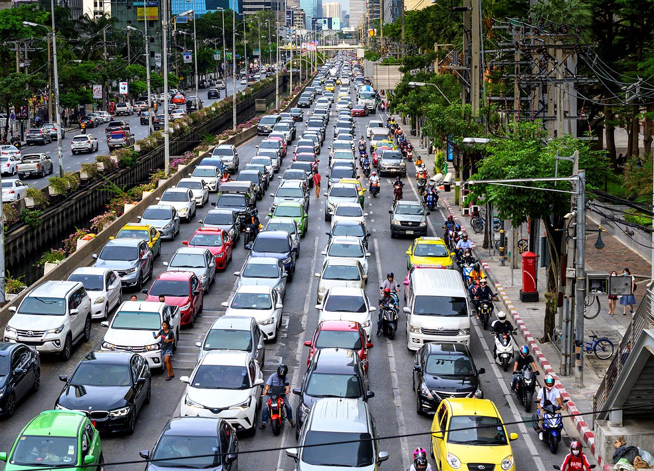 Cars at a standstill in rush hour in Bangkok on May 25, 2020, following the lifting of the city's pandemic restrictions. 