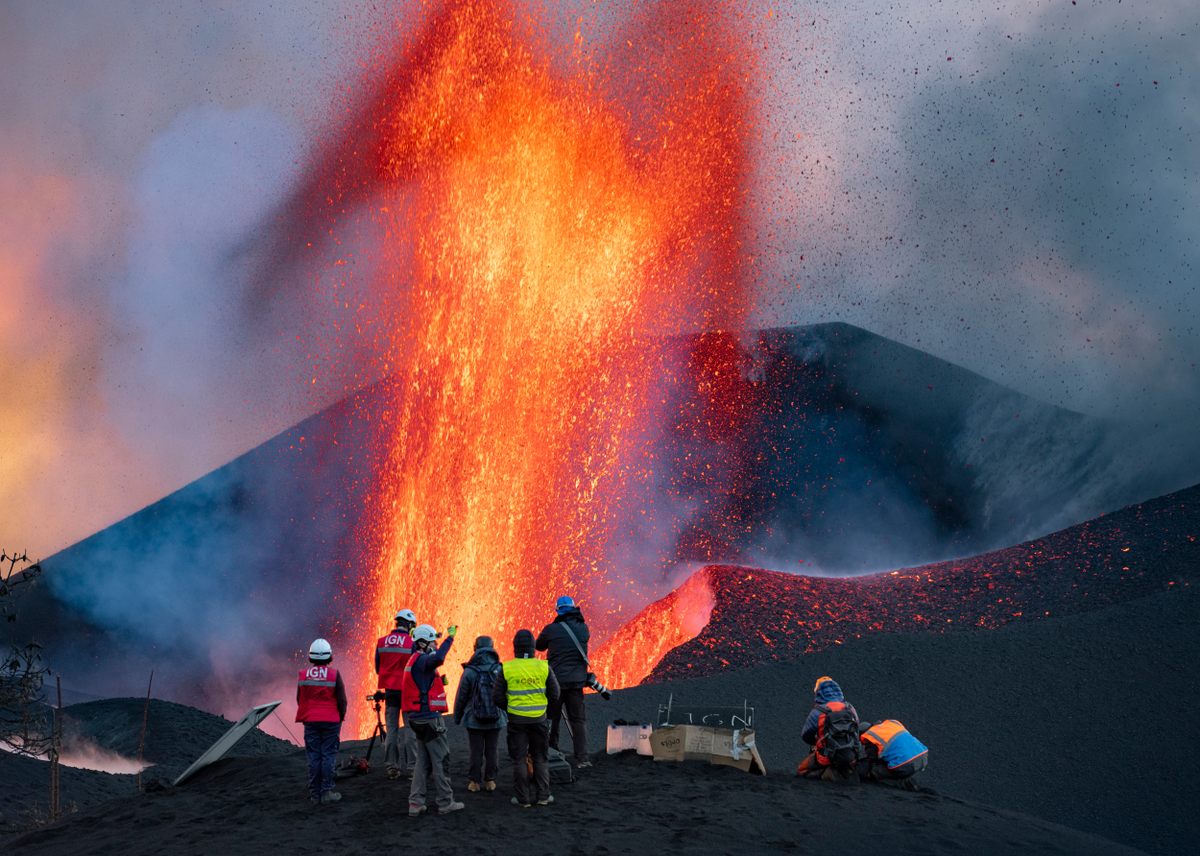 Scientists from the Spanish National Research Council, National Geographic, and the German Research Center for Geosciences take close measurements at an active vent.