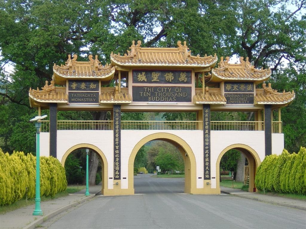 The City of 10,000 Buddhas contains an organic farm, walnut trees, and roving peacocks.