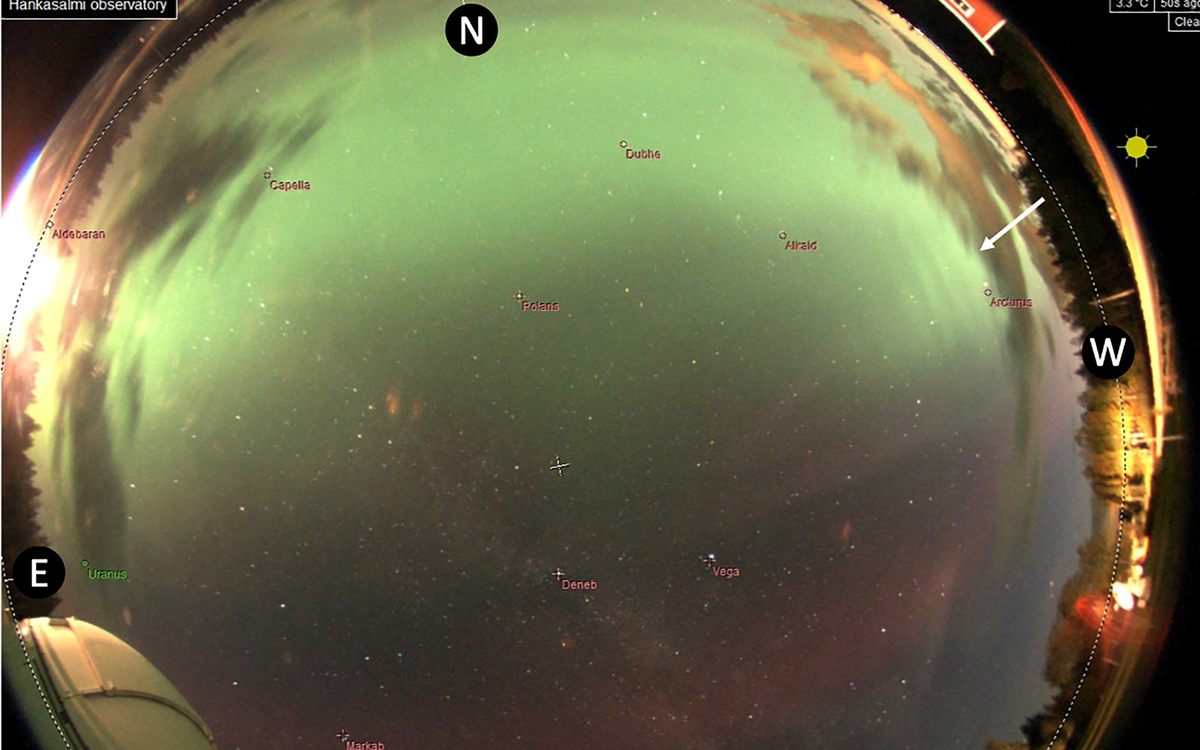 The auroral dunes, captured by an all-sky camera in Hankasalmi, Finland, are indicated with a white arrow.
