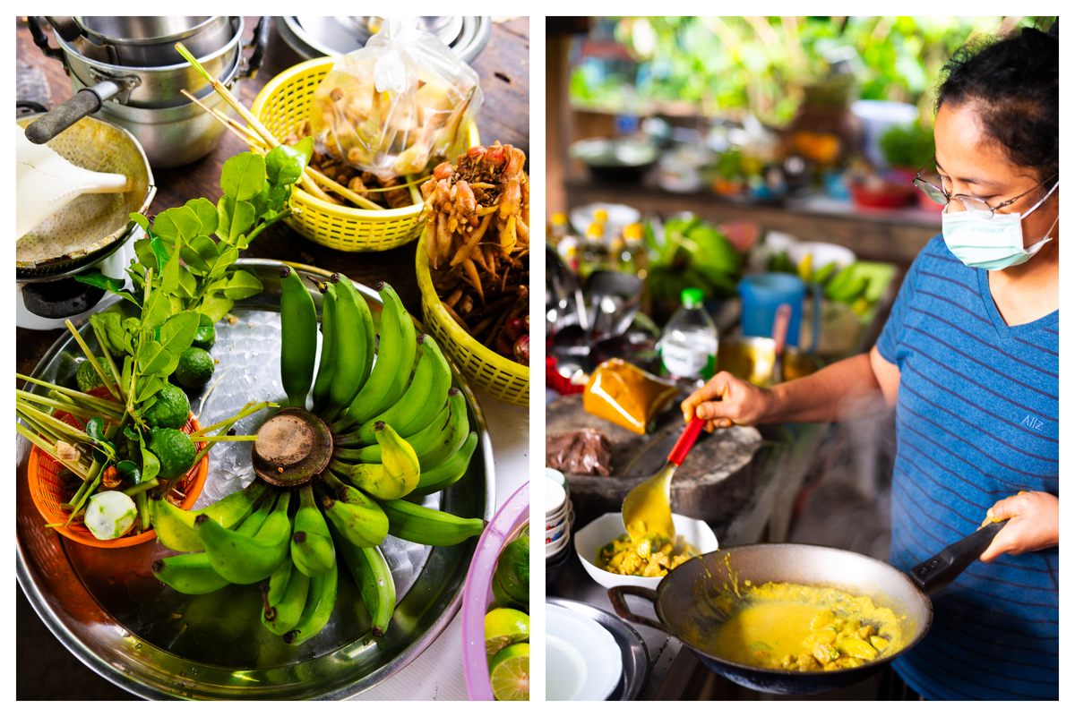 Chumphon's famous "ladyfinger" bananas star in this pork curry [left]; pork curry is ladled into bowls at Yay Puad [right]. 