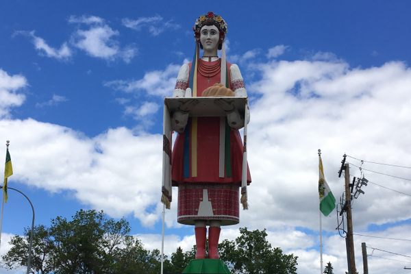 The statue welcomes visitors to Canora.
