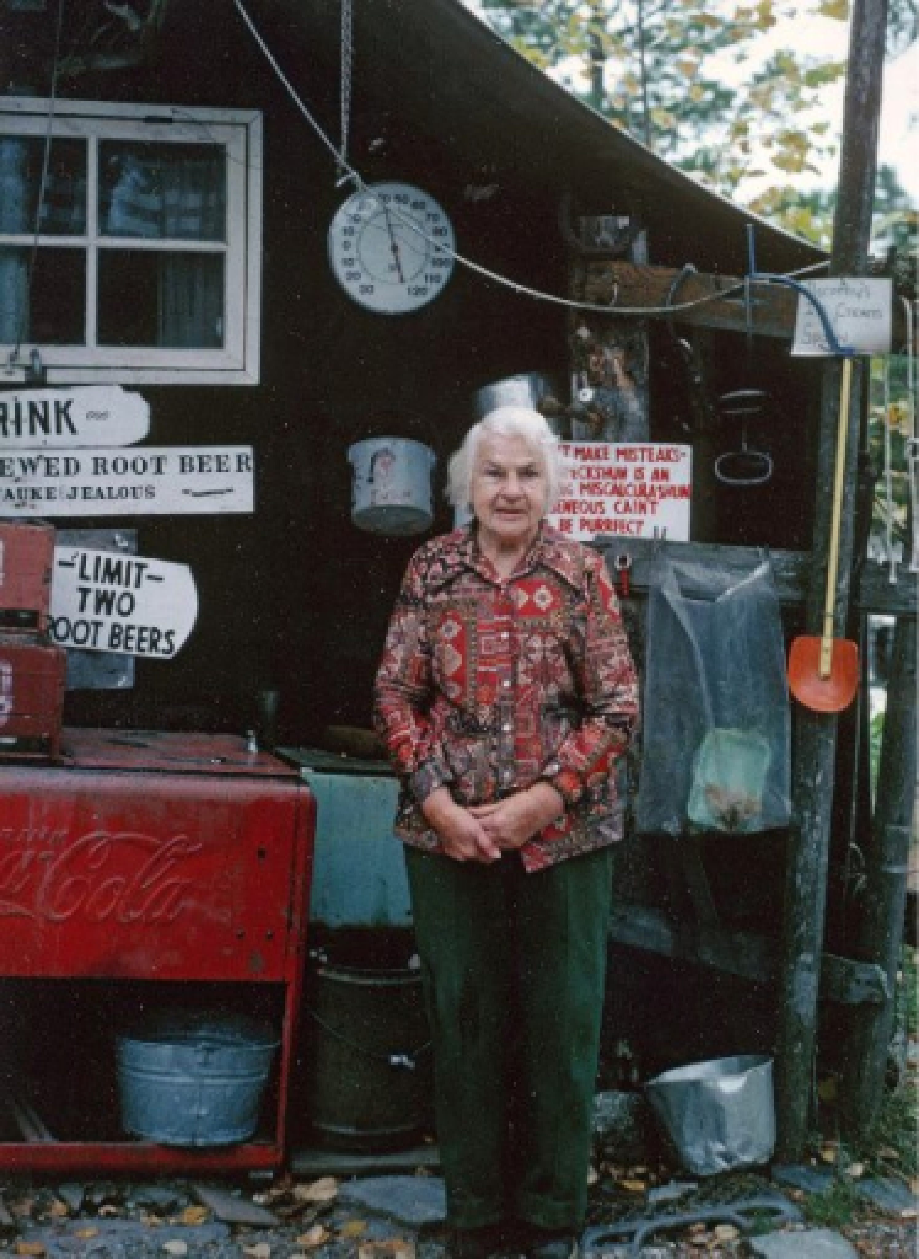 Molter's hand-painted signs advertised her root beer (and a hard limit of two per person.)