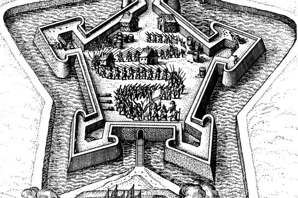 A 17th-century engraving depicts a star fort coming under siege.