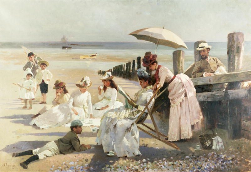 In "On the Shores of Bognor Regis," a Victorian family enjoying a beach vacation. That lady might go seaweeding later.