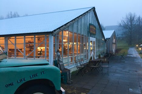 The warm glow of the Sólheimar Bakery/Café in October