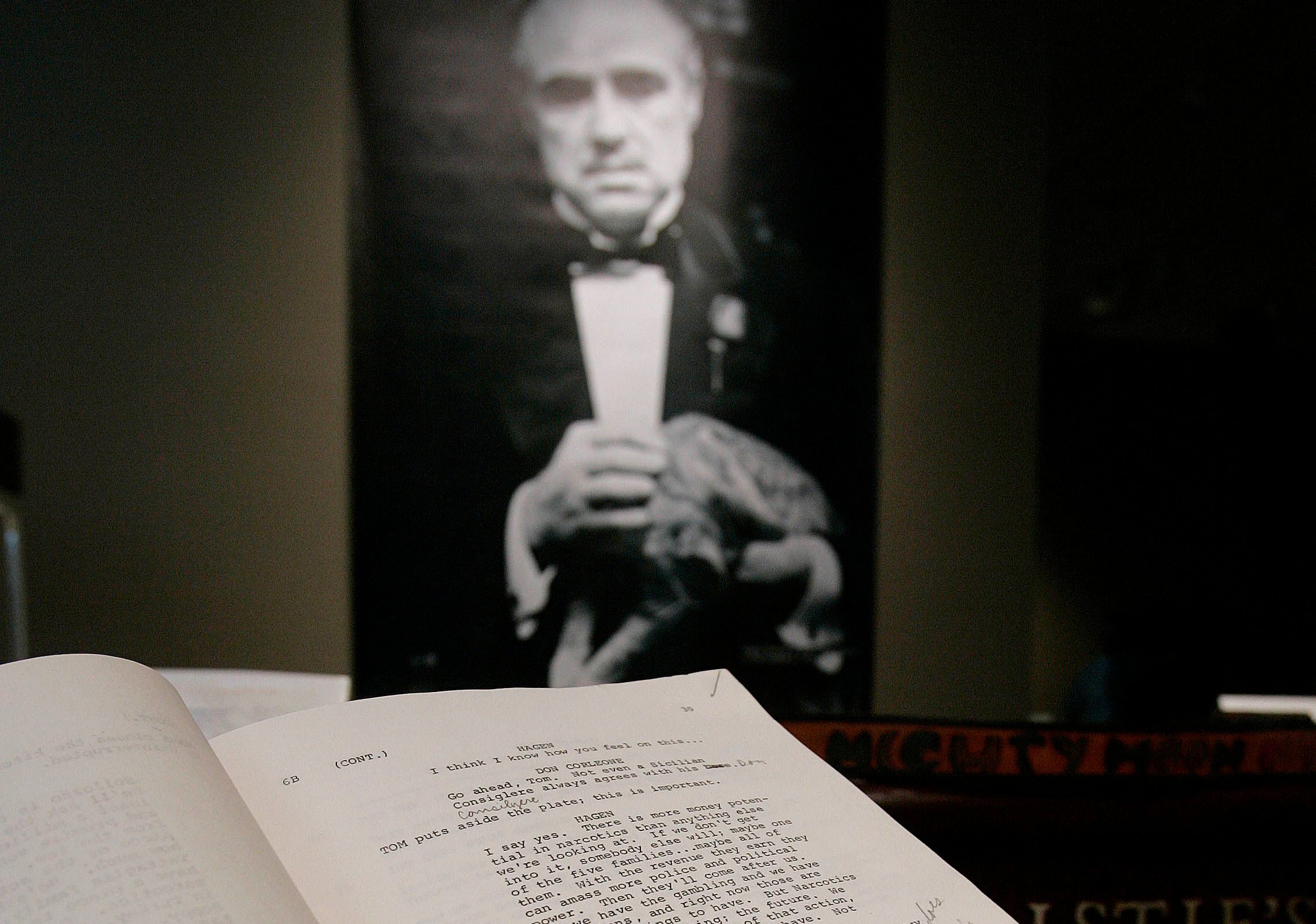 A photo of Marlon Brando's <em>The Godfather</em> script. The film's screenplays were copied at Studio Duplication Service.