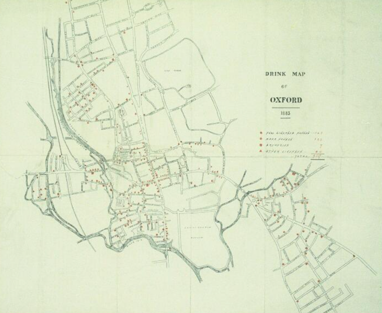 The Oxfordshire Band of Hope and Temperance Union produced this map of Oxford's breweries and pubs in 1883.