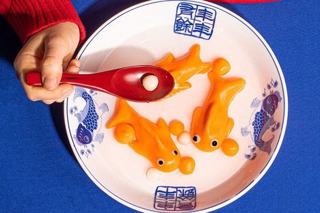 The word goldfish, or jīnyú, sounds exactly the same as the words for "gold and jade."