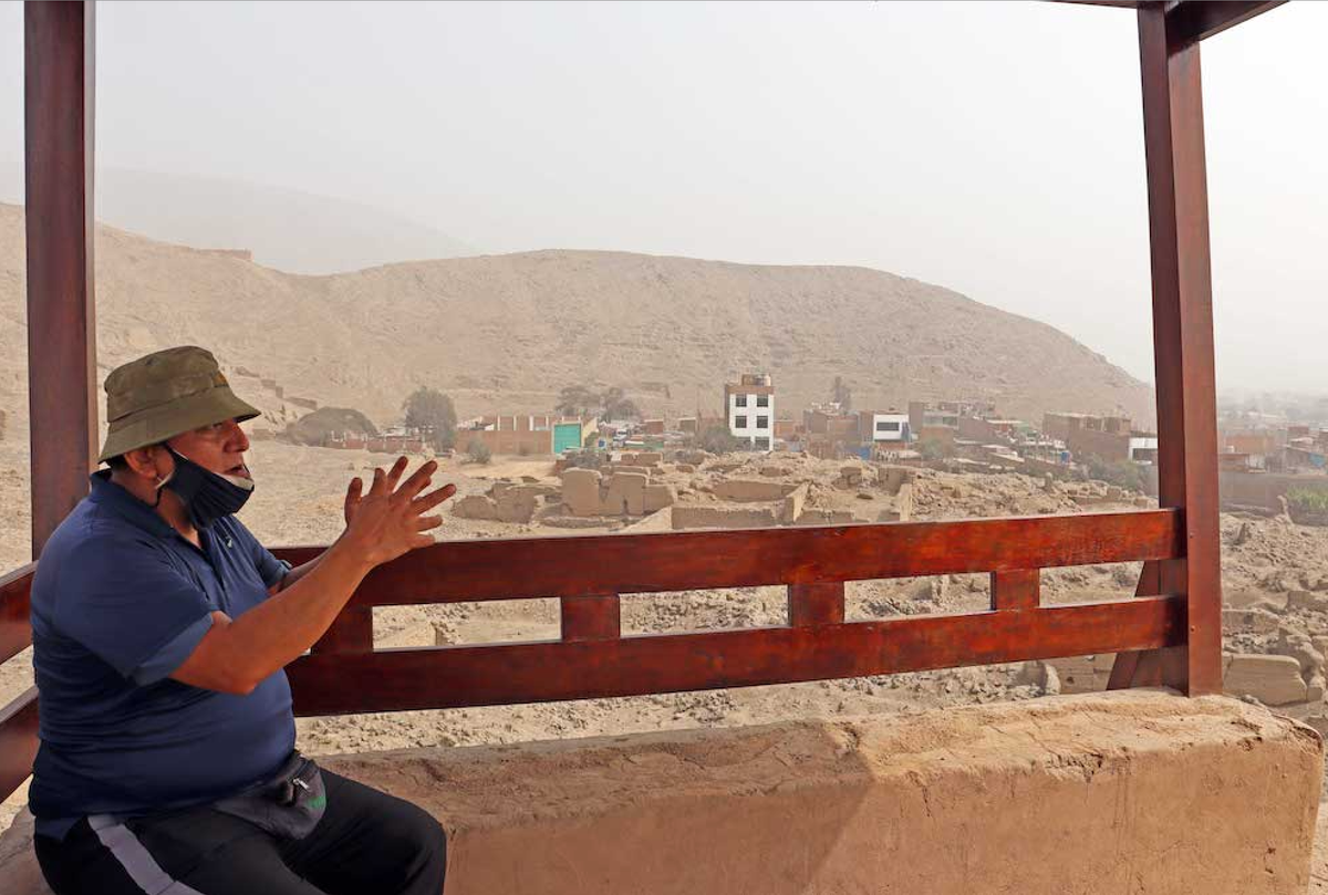 Anthropologist Guido Lombardi at the Monumental Archaeological Zone Huaycán de Pariachi.