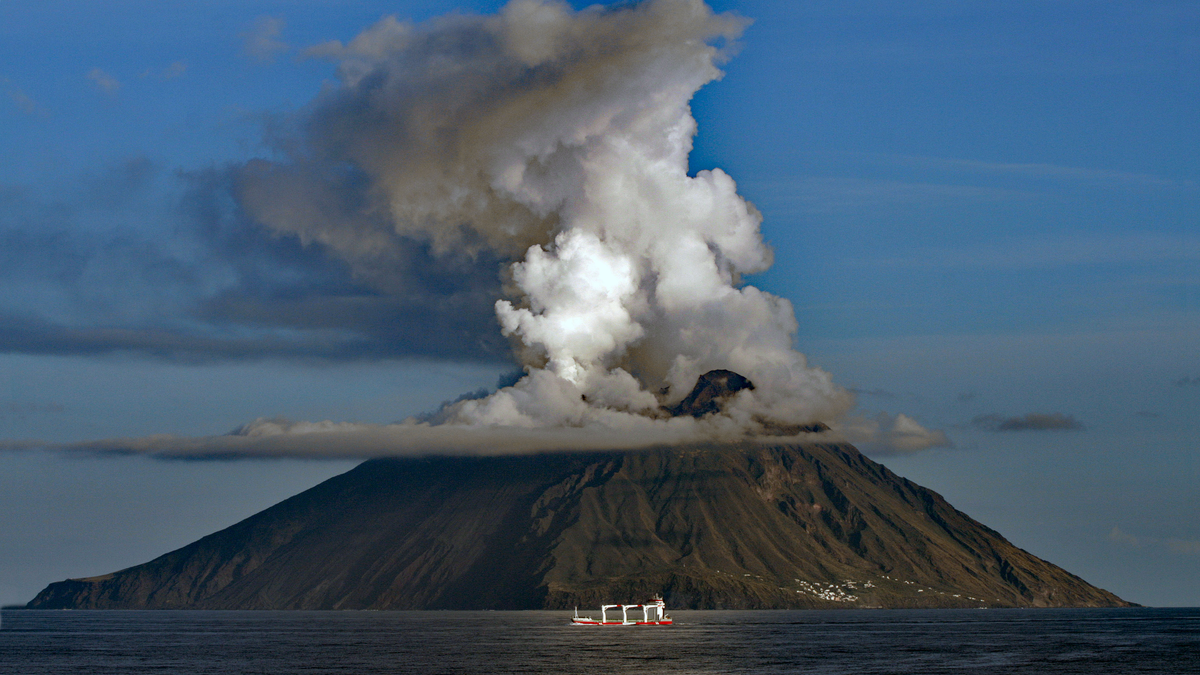 Mount Stromboli off the coast of Sicily, which erupts almost continuously, was among the volcanoes the Kraffts studied up close.