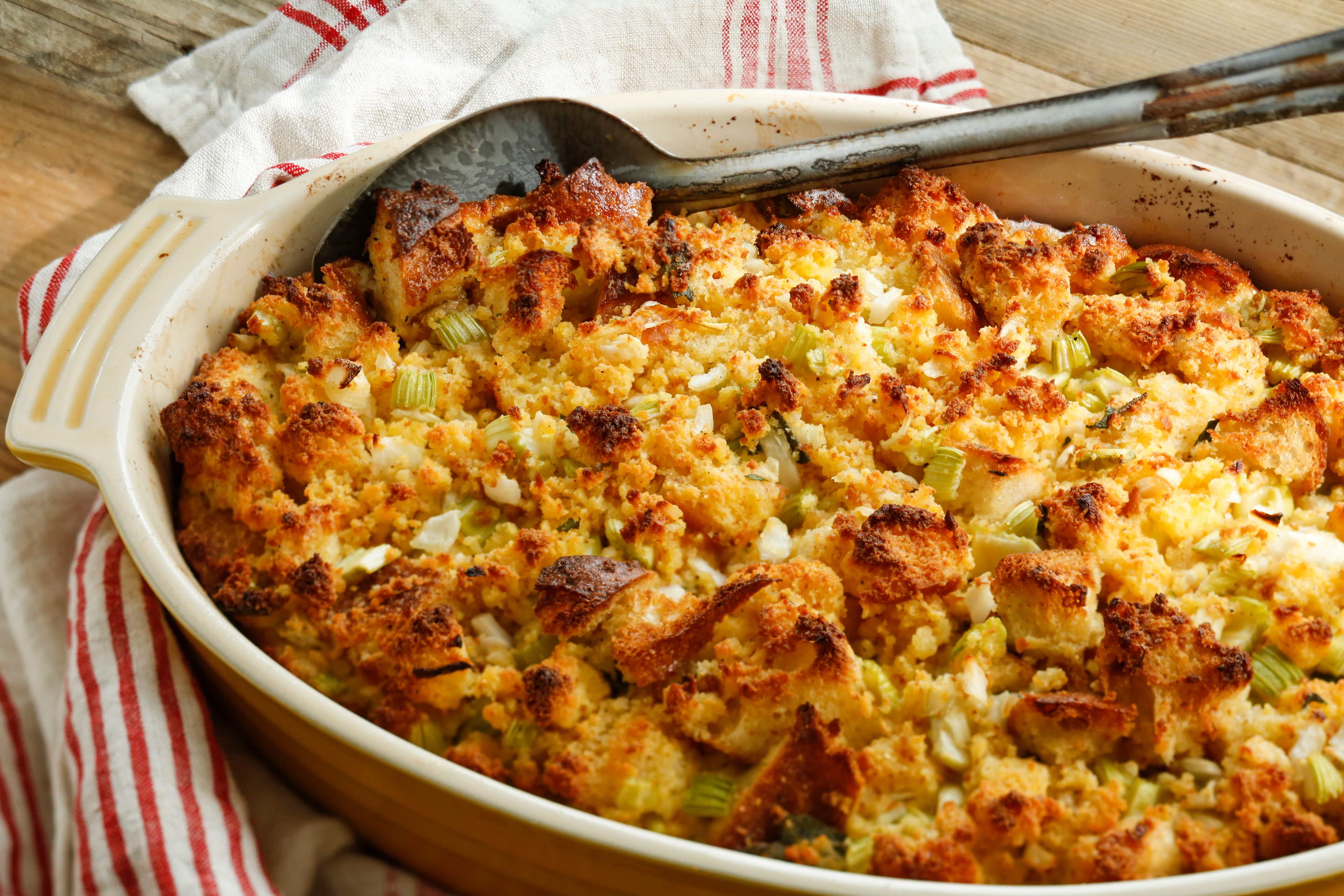 Rich cornbread dressing, made with oysters and heavy cream.