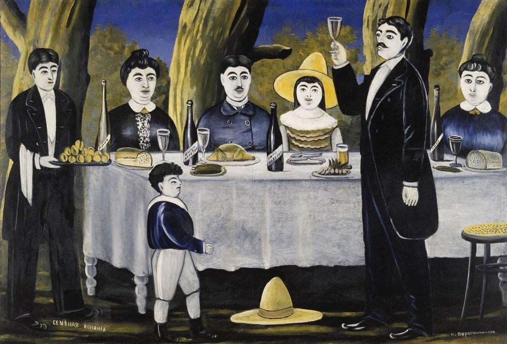 A toast at a family meal, depicted by Georgian artist Niko Pirosmani. 