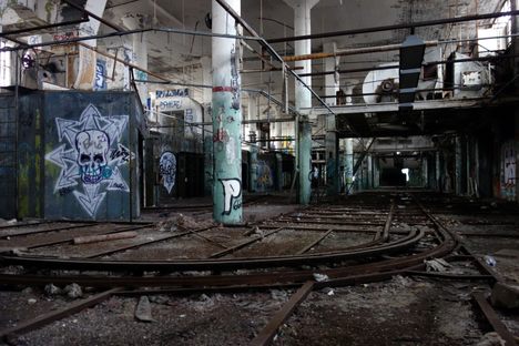Tracks leading to a chamber where the cars' bodies were painted.