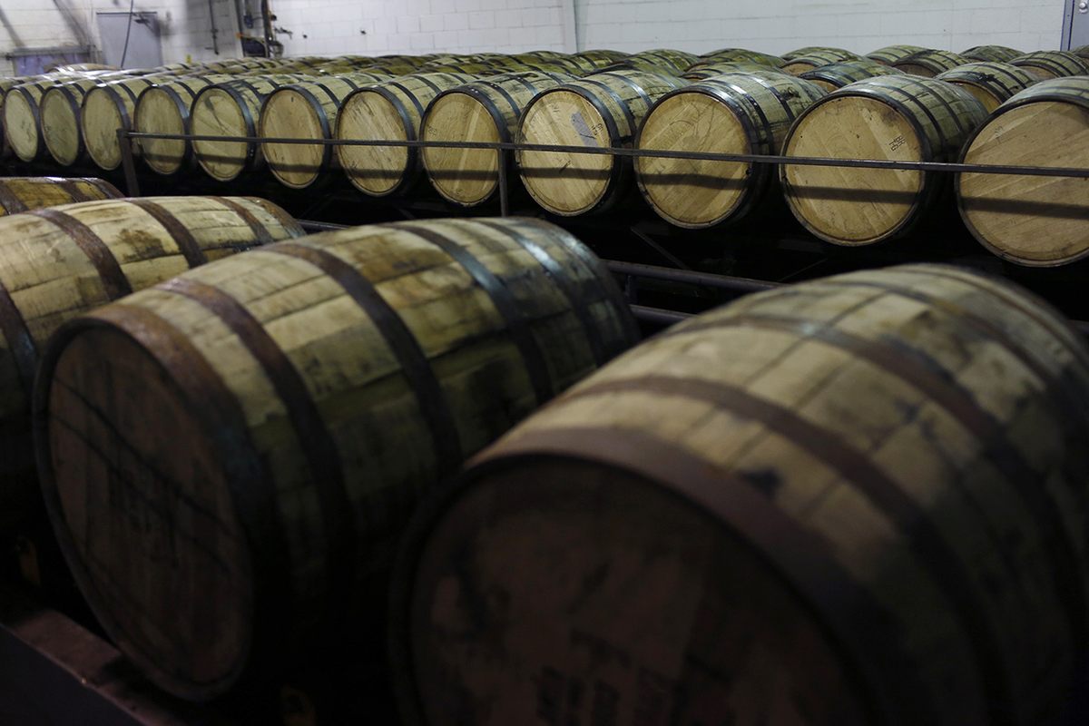 Barrels of Jim Beam Bourbon wait to be drained at the Jim Beam Bourbon Distillery.