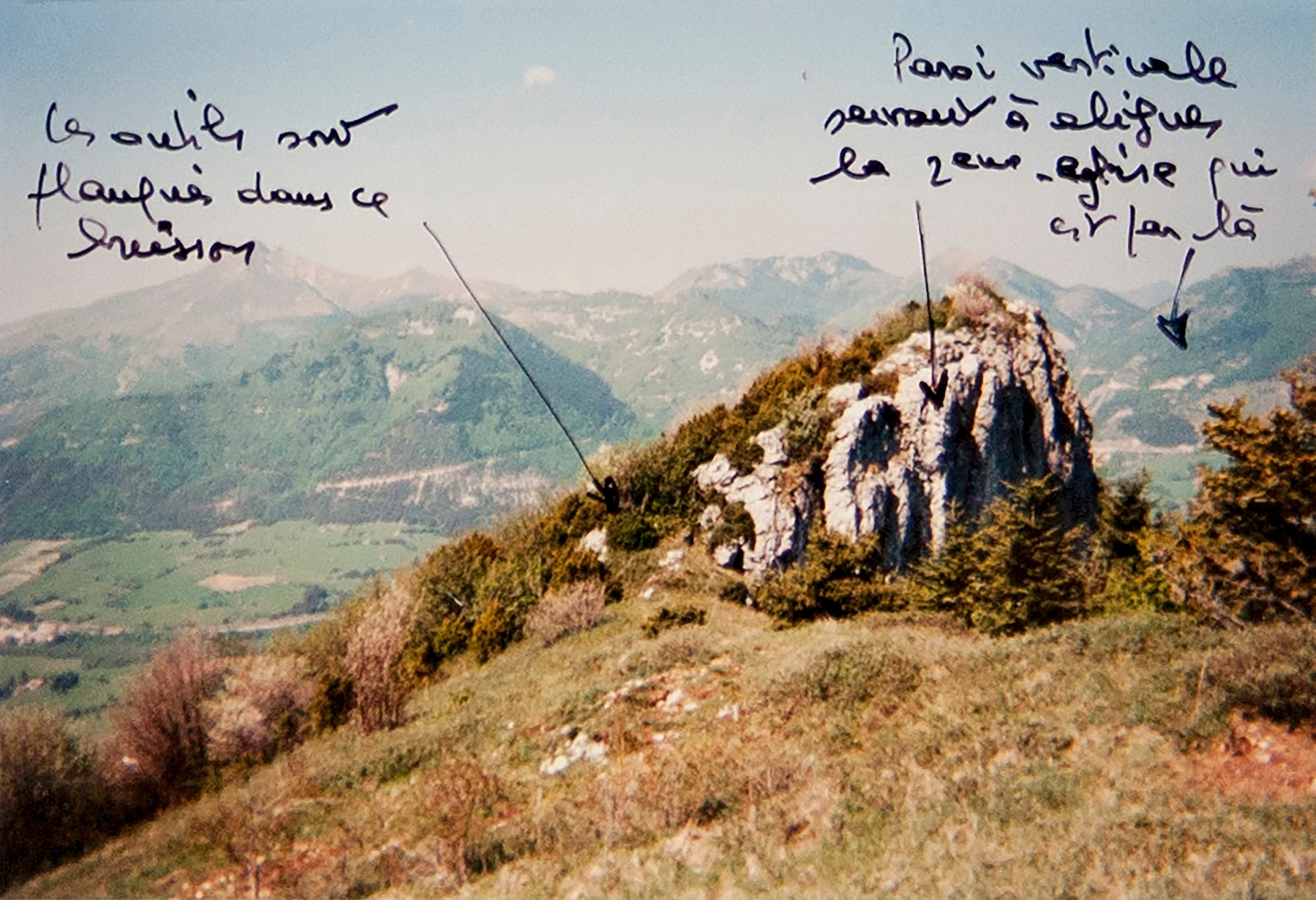 Landscape of the French mountains in Lus-la-Croix-Haute annotated by Crolet for his research on the Golden Owl hunt. 