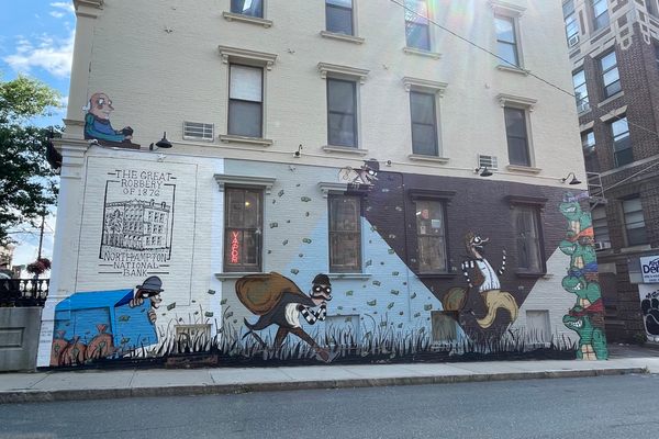 A mural depicts a slightly different version of the Northampton bank robbery of 1876.