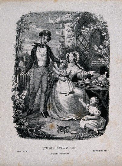 A lithograph showing the beneficial effects of temperance on family life, c. 1840.