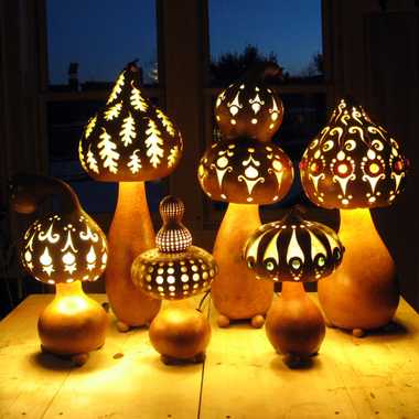 Gourd lamps for sale at Gourdlandia.