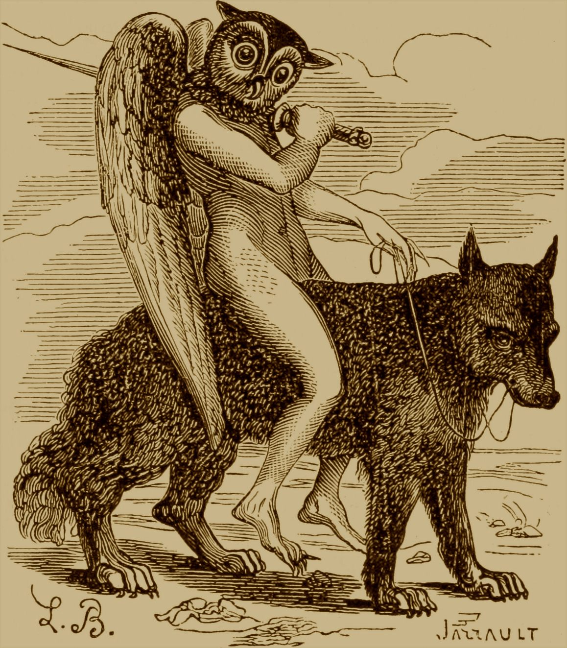 Демон Андрас с головой совы и телом ангела.
