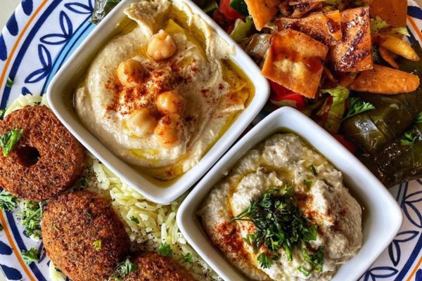 House-made hummus, falafel, and dolmas (stuffed grape leaves) at Jasmine Syrian. 