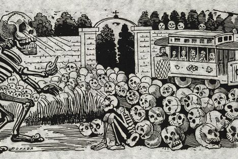 Posada's Gran Calavera Eléctrica anticipates electric trolleys being introduced to Mexico City. In it, a standing skeleton hypnotizes a seated one. 